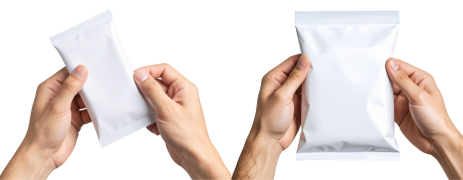 Male Hand Holding Blank White Foil Snack Pack, Isolated on Transparent Background
