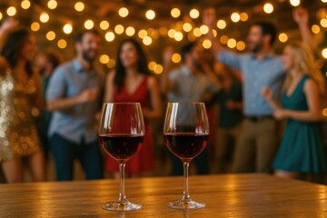 Two wine glasses on a table during a vibrant celebration with dancing guests in the background