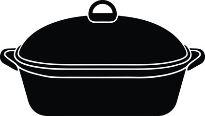 Black and white illustration of a covered oval roasting pan