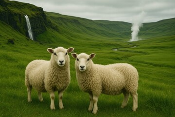 Obraz premium Two sheep in black and white elegance showcasing serene companionship in a rural setting