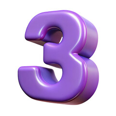 Shiny metallic purple 3d number three with smooth curves and pearlescent sheen isolated on transparent background