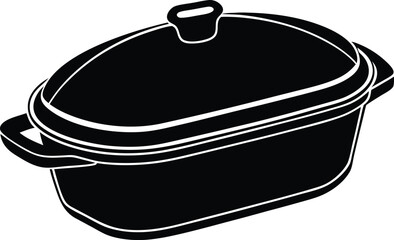 Black and white illustration oval covered casserole dish