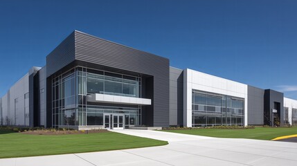 Modern data center office building features a striking glass facade and design