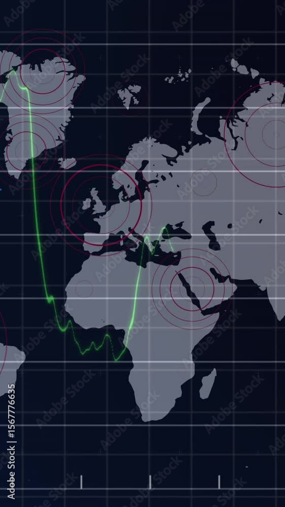 Poster animation of graphs and circular patterns over map against black background