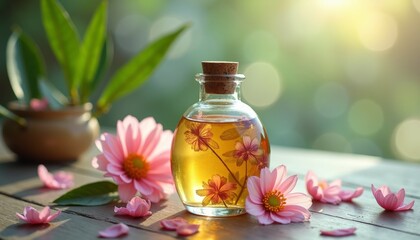 Aromatic Essence Bottle with Pink Flowers and Leaves