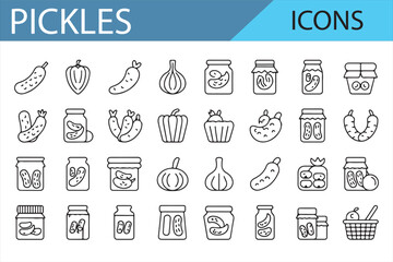 Various Pickle Icons for Fermented Vegetables and Spices in Jars