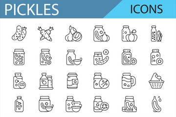 Set of Pickle Icons for Jars, Fermented Vegetables, and Spices