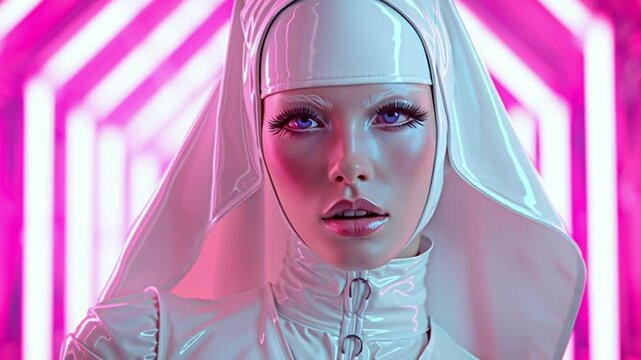 Science-Fiction-Nonne in einem figurbetonten wei&szlig;en Latex Kost&uuml;m. in einer symbolischen Kathedrale mit Neonlicht, Generative AI