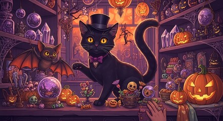 Halloween Black Cat with Top Hat and Bow Tie in a Spooky Witch's Shop | Festive Fall Scene with Pumpkins, Bats, and Crystals for Halloween Cards and Party Invitations