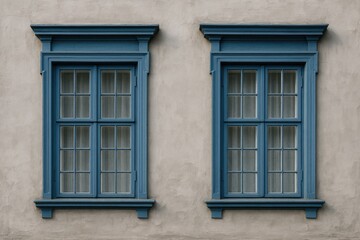 Fototapeta premium Vintage-style blue windows set against a weathered gray wall of an old building