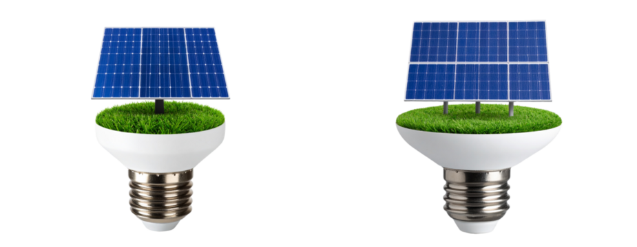  LED Light Bulb with Miniature Green Landscape and Solar Panel on Top, Isolated on Transparent Background