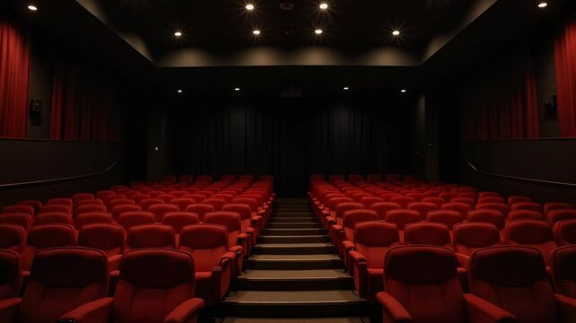 Empty cinema auditorium with red seats and dim lighting  