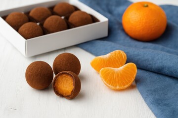 Close-up of Tangerine-Flavored Truffle Chocolates on a White Wooden Surface with Blue Linen Fabric
