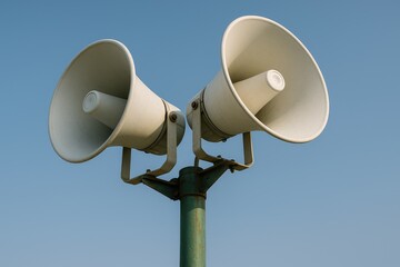 Two large white loudspeakers displayed prominently