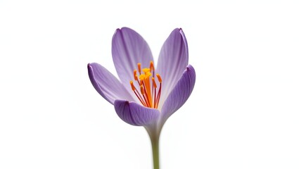 Fototapeta premium Photorealistic image of saffron crocus (Crocus sativus) flower isolated on white. Violet petals with vivid red stigmas and narrow green leaves. Botanical macro with soft light and natural det