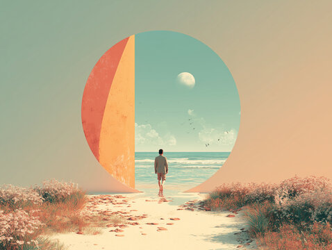 Person stepping through a portal on a summer beach