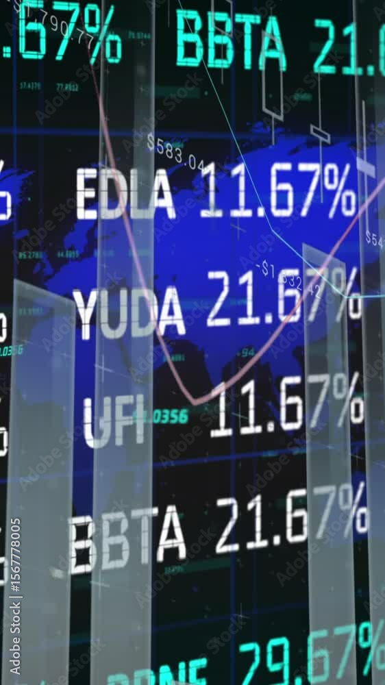 Poster animation of statistical and stock market data processing over world map against black background