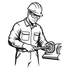 Mechanic using machinery wearing safety glasses and hard hat simple black and white illustration