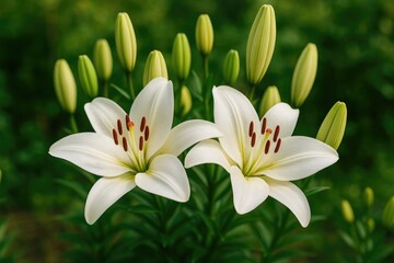 Fototapeta premium Garden scene featuring two white lily blossoms with multiple buds