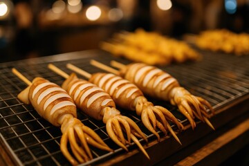 Night-time street food featuring blurred grilled squid in an Asian market