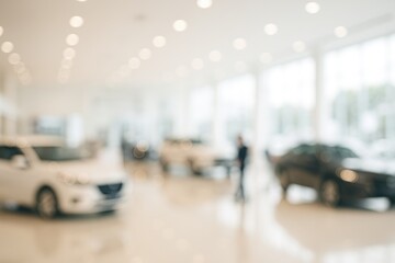 Out-of-focus automotive showroom with gentle lighting and bokeh effects, showcasing vehicles in a transportation-themed setting