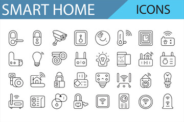 Vector Line Art Icons of Smart Home Systems, IoT Devices, and Home Automation

