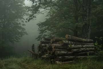 Fototapeta premium Stacked logs create a captivating scene amidst the ethereal beauty of a foggy forest