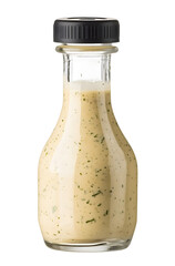 Glass sauce bottle filled with creamy salad dressing on transparent background