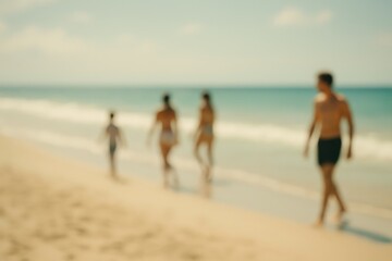 Blur the background of beachgoers strolling along the shoreline
