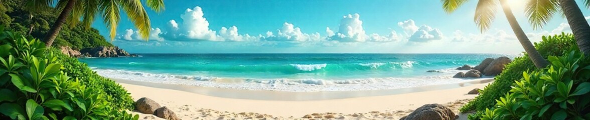Fototapeta premium Sun-Drenched Beach Scene Turquoise Ocean Waves Gently Lap Lush Green Shore, Perfect for Summer Vacation and Travel Projects