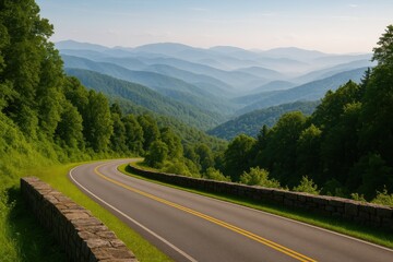 Fototapeta premium Summer scenery along a scenic mountain route and lush forested peaks