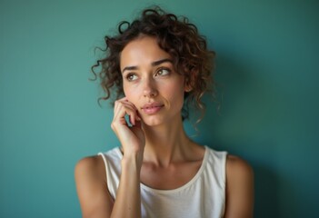 Fototapeta premium Thoughtful Woman with Curly Hair on Blue Background
