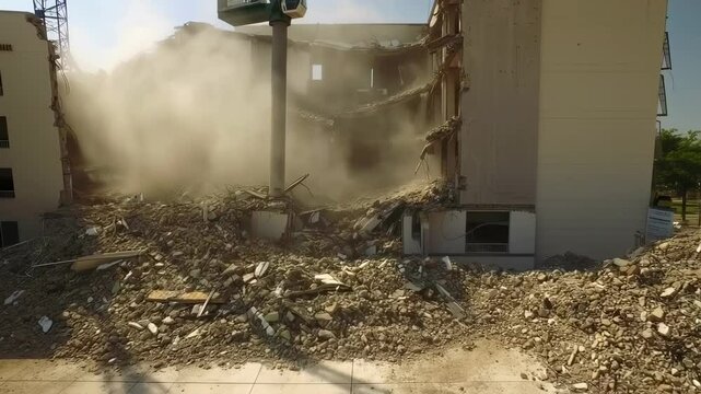 Building Demolition in Progress with Cranes, Creating Dust and Debris on a Sunny Day