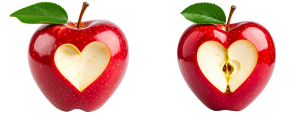 Heart-Shaped Red Apple with Bite Mark and Green Leaf, Isolated on Transparent Background