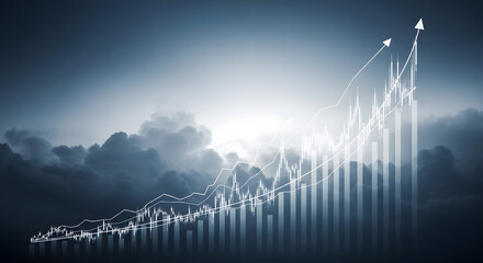 A graph with upward trending lines and bars rises against a cloudy, blue-toned sky.