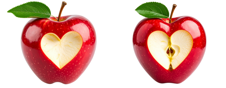 Heart-Shaped Red Apple with Bite Mark and Green Leaf, Isolated on Transparent Background