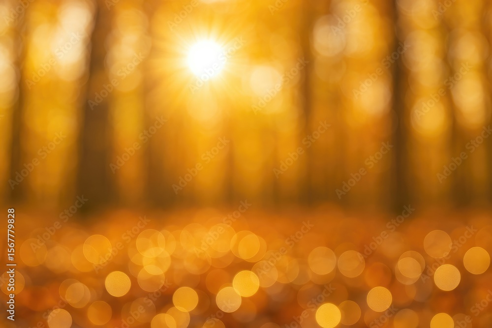Poster out-of-focus abstract image featuring a luminous explosion among foliage with shimmering golden boke