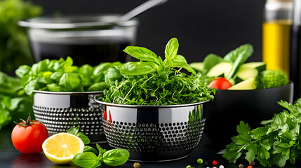 Various-sized, gleaming metal graters and strainers for cooking and kitchen preparation