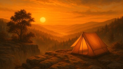 Camping at Sunset A Tent on a Cliff Overlooking a Forest