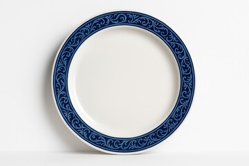 Empty white dish with blue border and decorative edge isolated on white background with shadow, front view close-up for food presentation mockup.