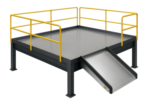 Elevated mezzanine with grated steel surface and forklift access ramp for a large-scale distribution center