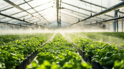 Lush green lettuce thriving in a sunlit greenhouse during midday misting
