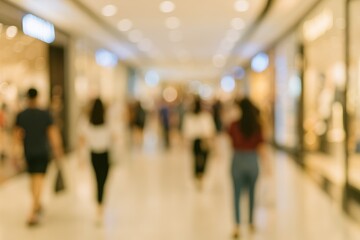 Blurred figures of shoppers inside a mall