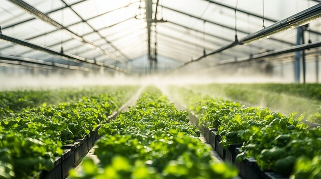 Lush green lettuce thriving in a sunlit greenhouse during midday misting
