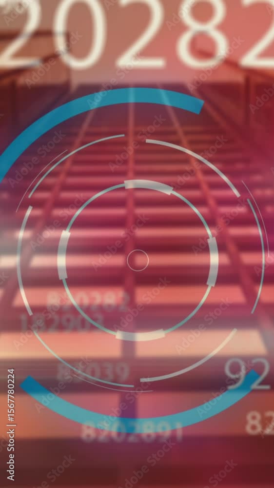 Poster Animation of round scanner and changing numbers against low angle view of a tall building