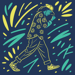 Fototapeta premium Fashionable person walking, a modern graphic element with a bold style and trendy street fashion vibe.