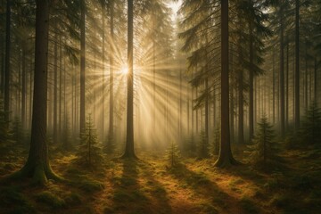 Fototapeta premium Sunlight filtering through a coniferous woodland
