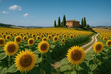 A vast expanse of sunflowers in a picturesque countryside © Holo Frame