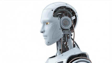 Robot head with exposed mechanical components and glowing yellow eye