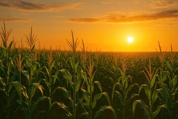 Golden sunset over a vast cornfield
